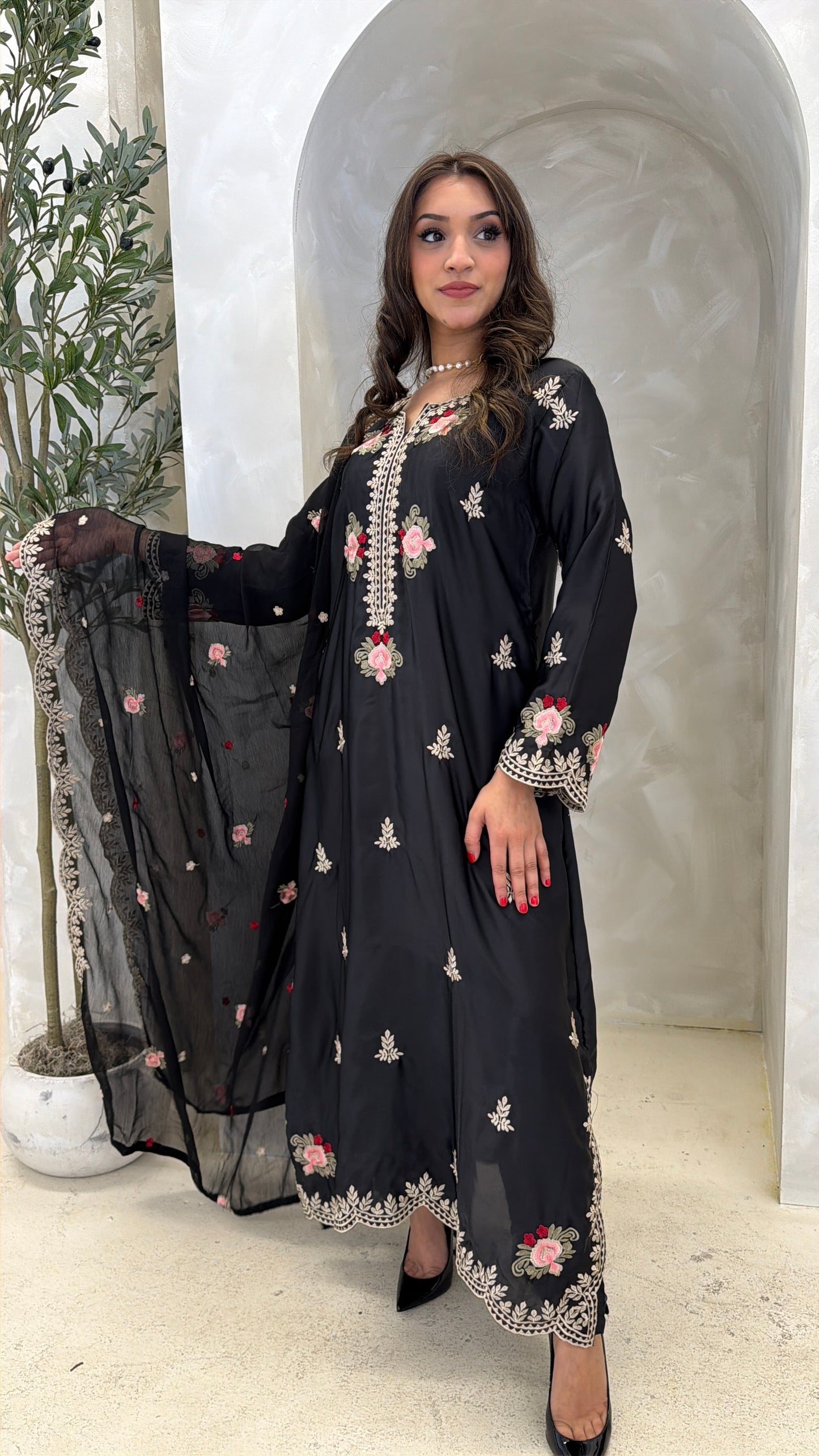 Floral Black Silk