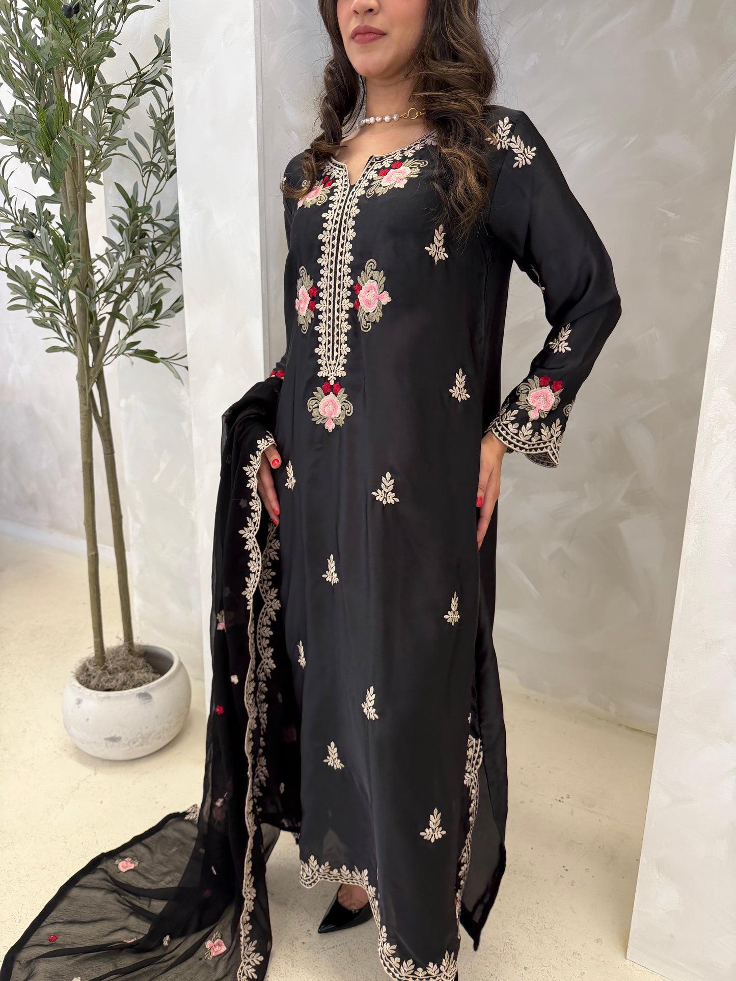 Floral Black Silk