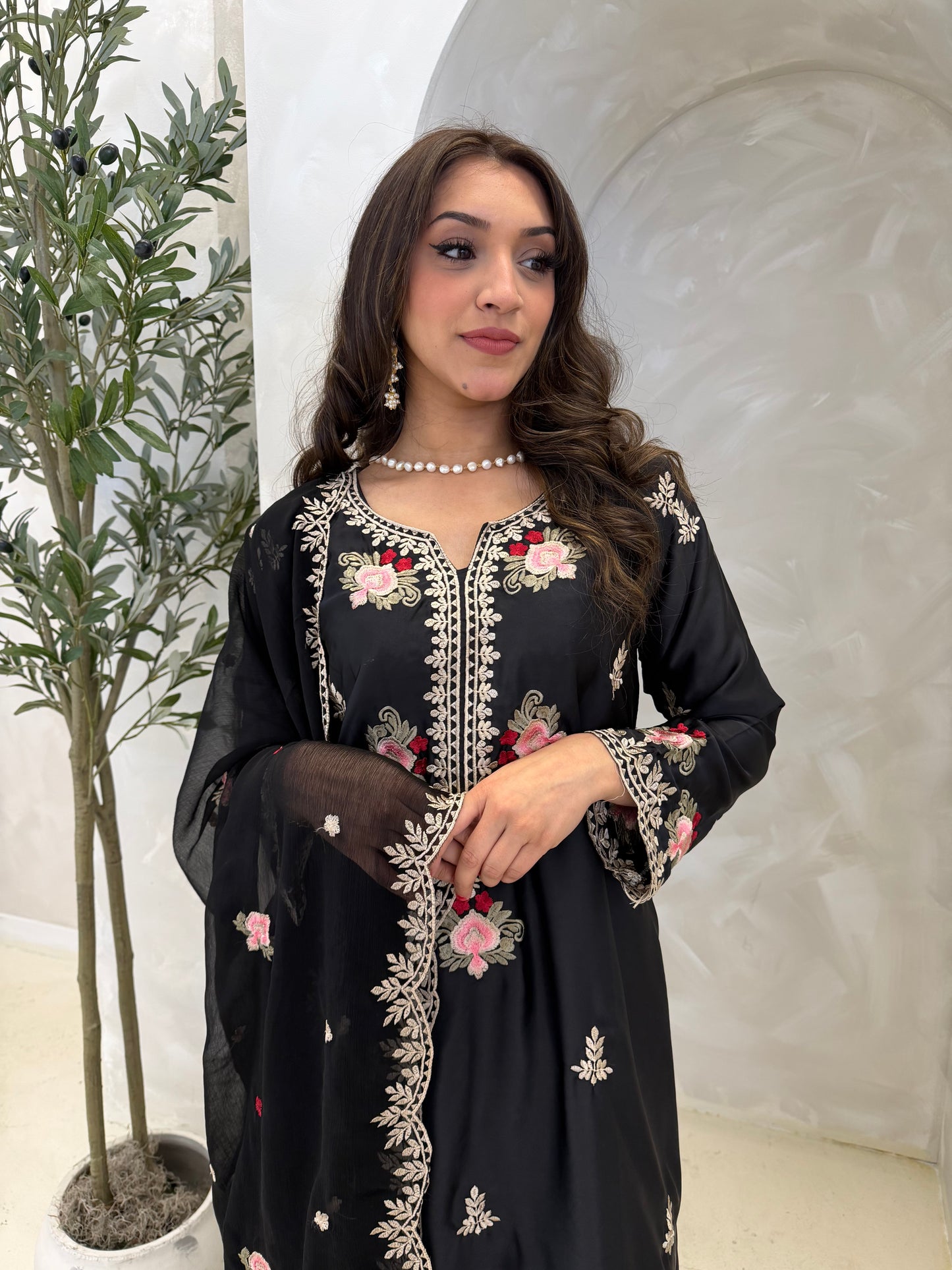 Floral Black Silk
