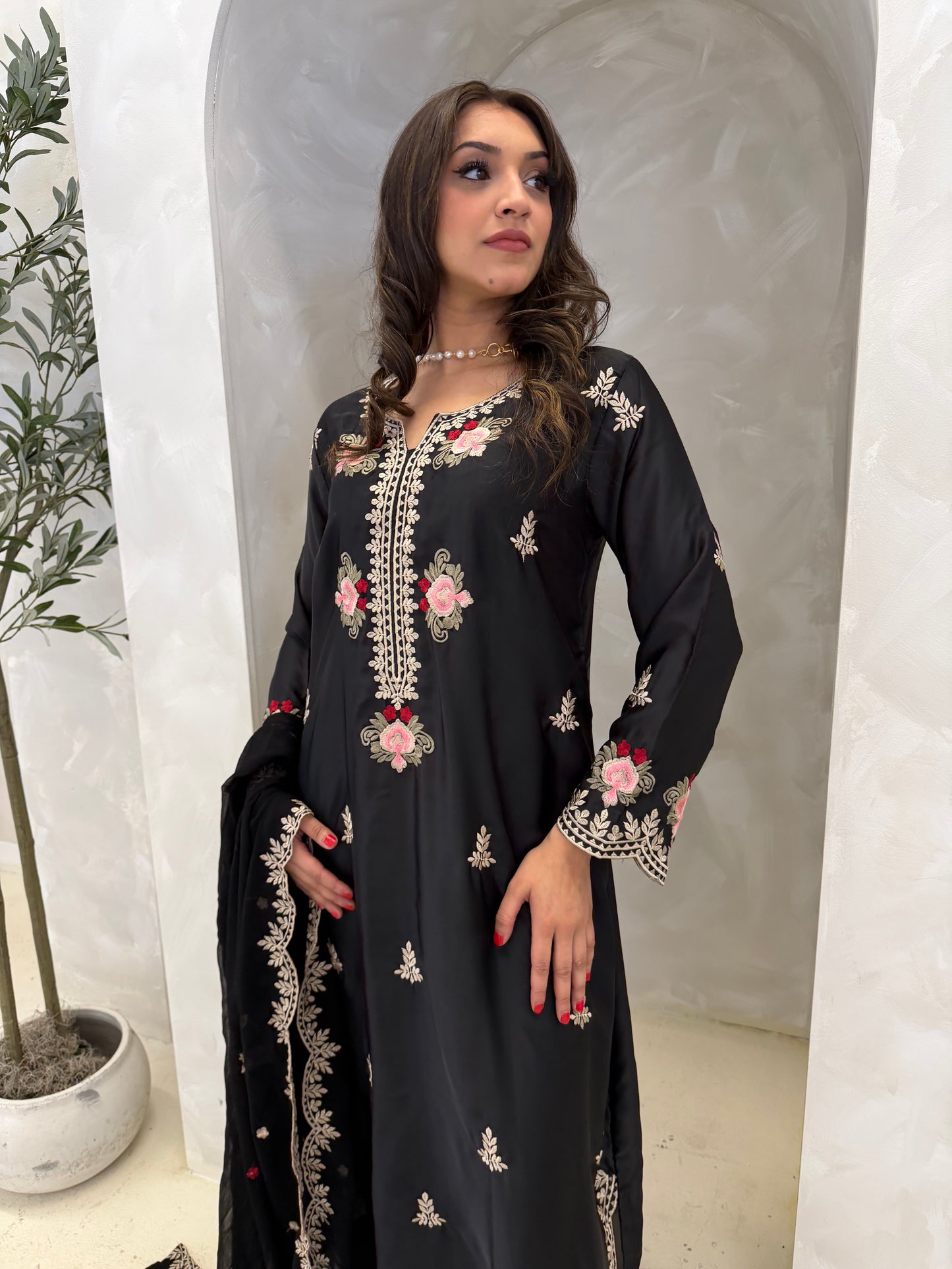 Floral Black Silk