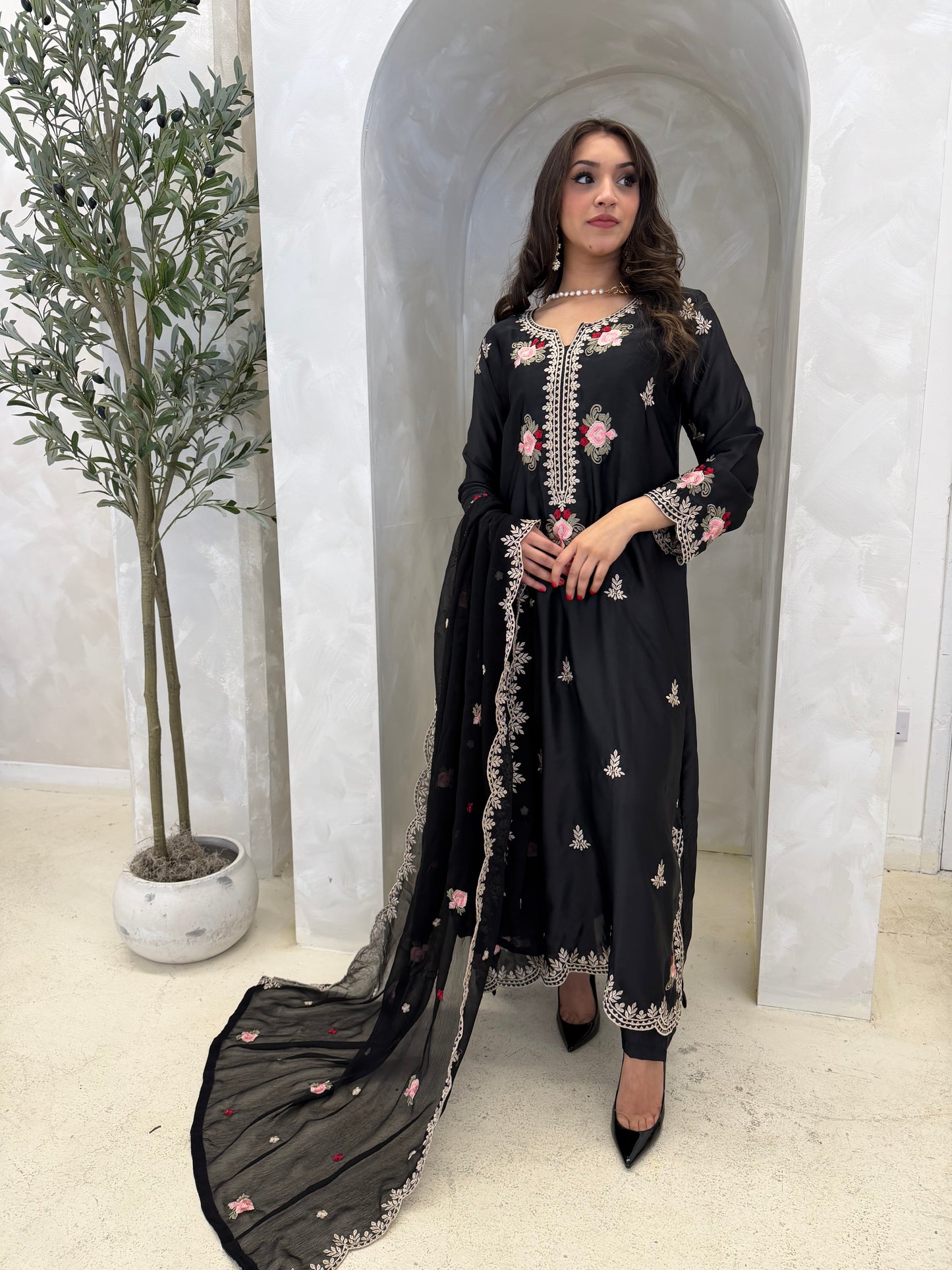 Floral Black Silk
