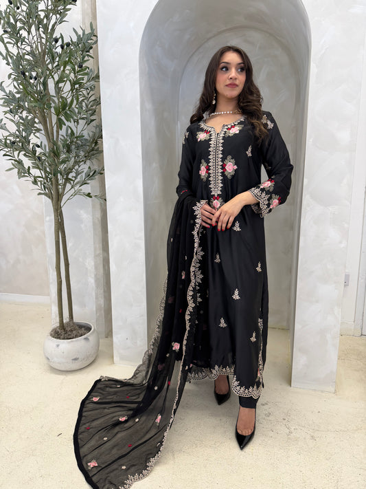 Floral Black Silk