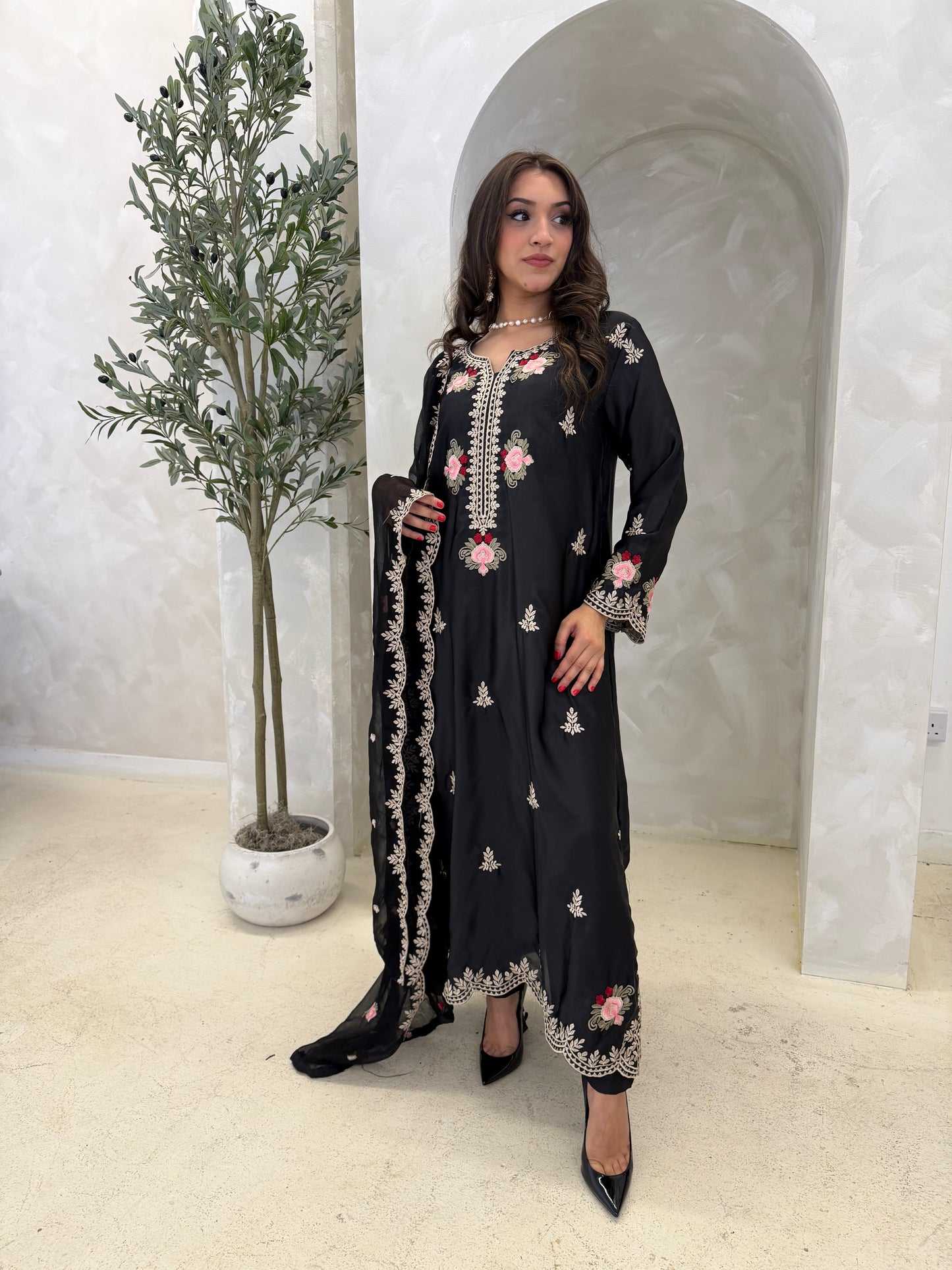 Floral Black Silk